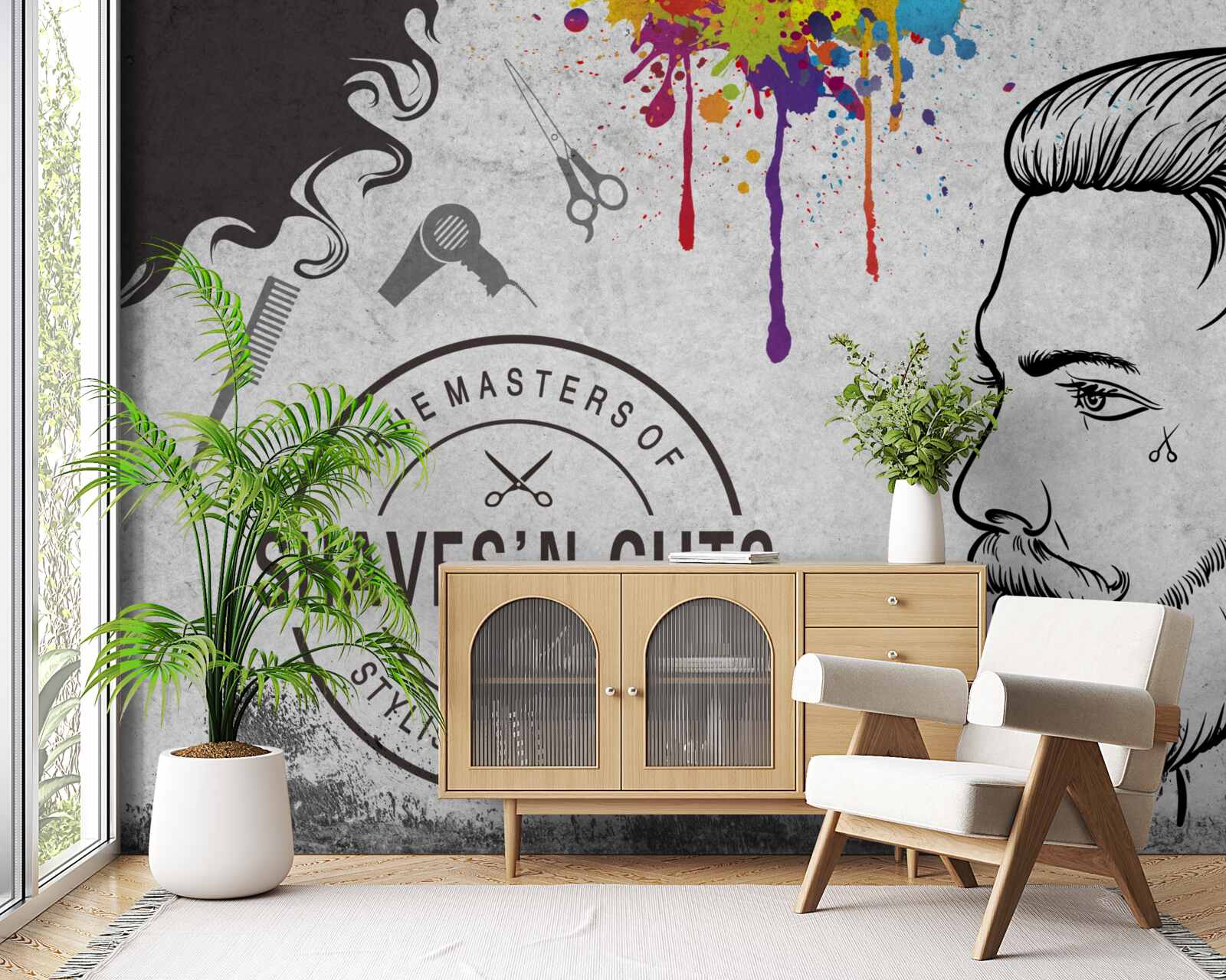 Papier peint publicité pour un salon de coiffure sur le mur