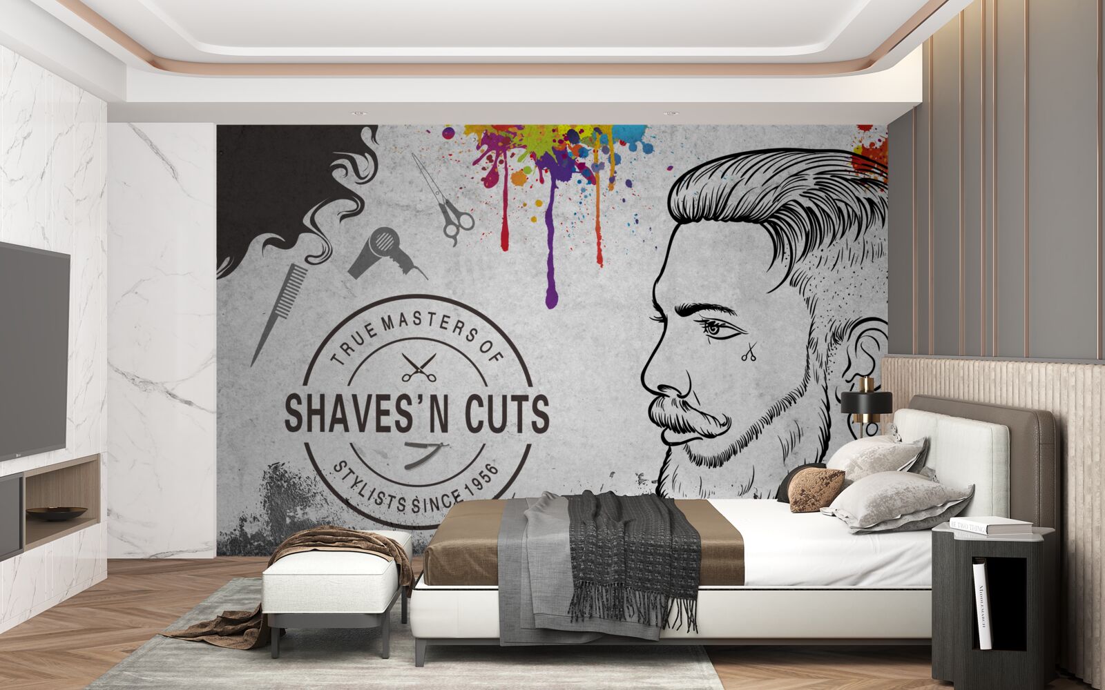 Papier peint publicité pour un salon de coiffure sur le mur