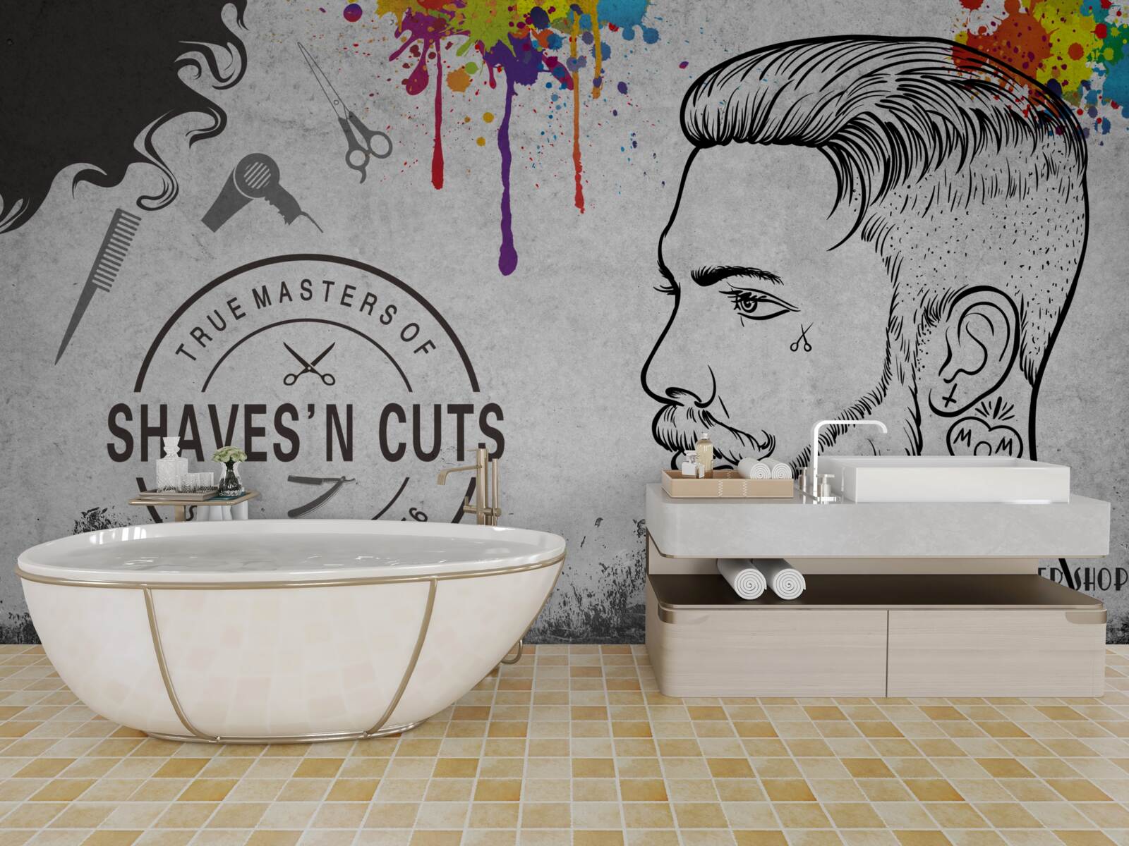 Papier peint publicité pour un salon de coiffure sur le mur