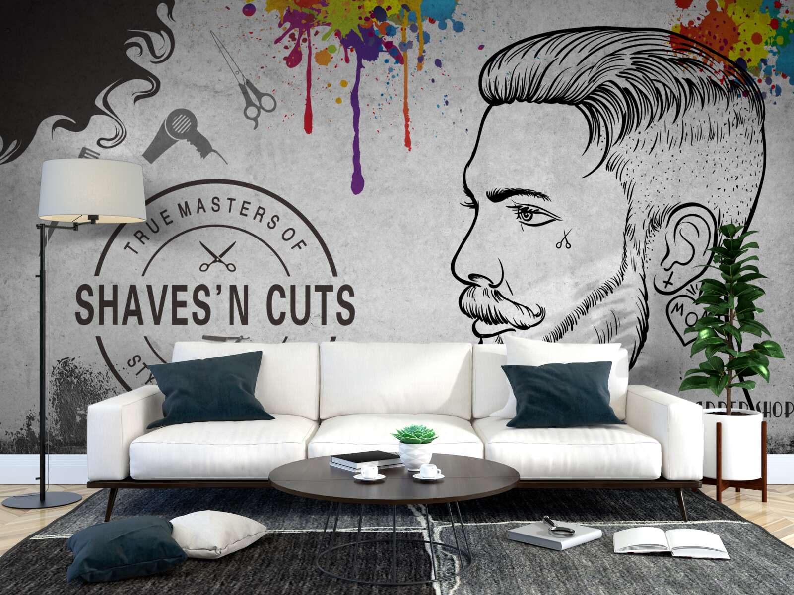 Papier peint publicité pour un salon de coiffure sur le mur