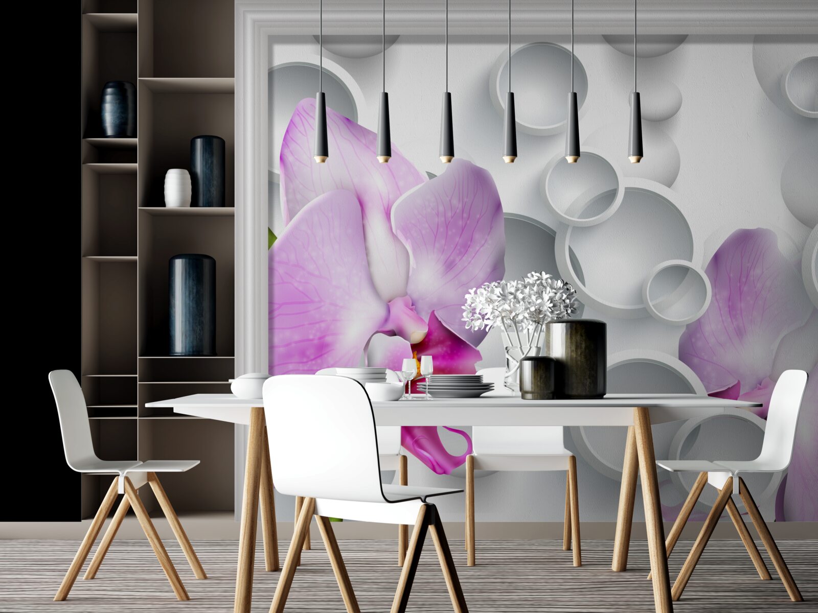 Papier peint orchidée rose tendre avec anneaux