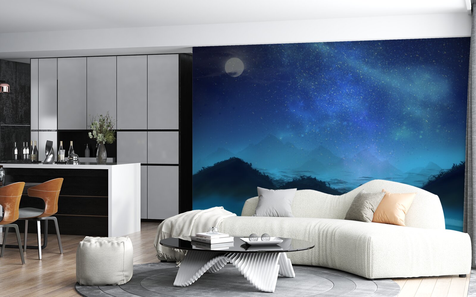 Papier peint Aurores boréales et ciel étoilé au-dessus des sommets montagneux