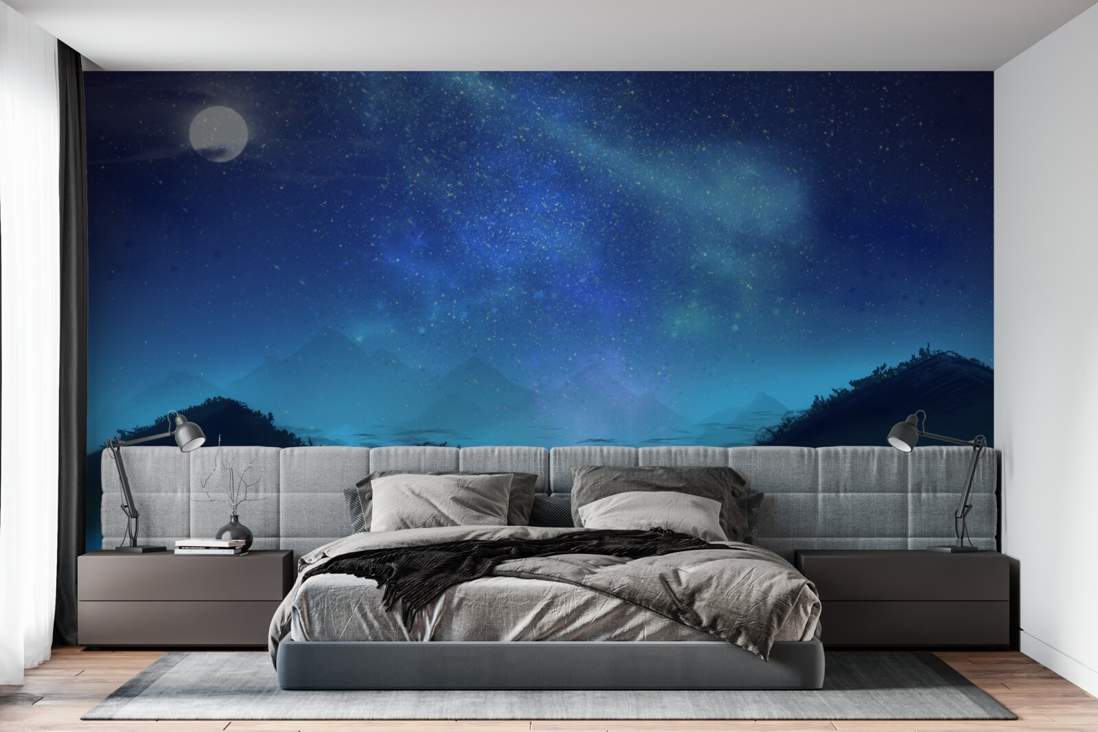 Papier peint Aurores boréales et ciel étoilé au-dessus des sommets montagneux