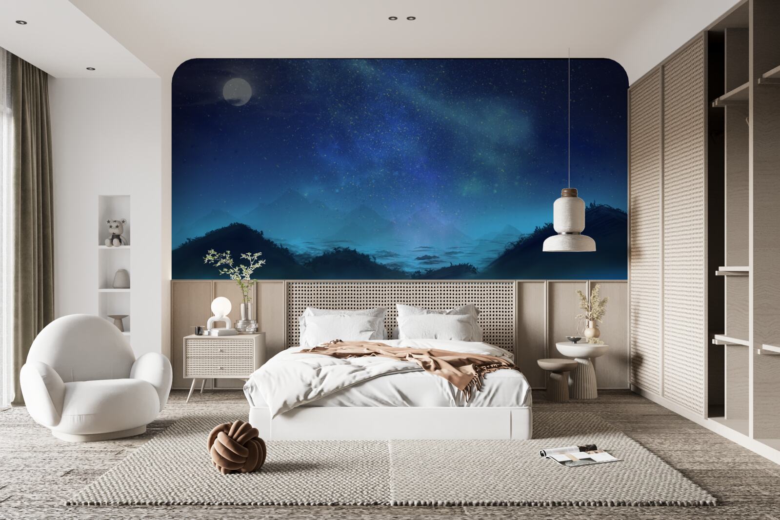 Papier peint Aurores boréales et ciel étoilé au-dessus des sommets montagneux