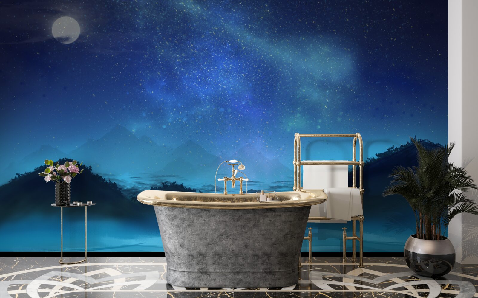 Papier peint Aurores boréales et ciel étoilé au-dessus des sommets montagneux