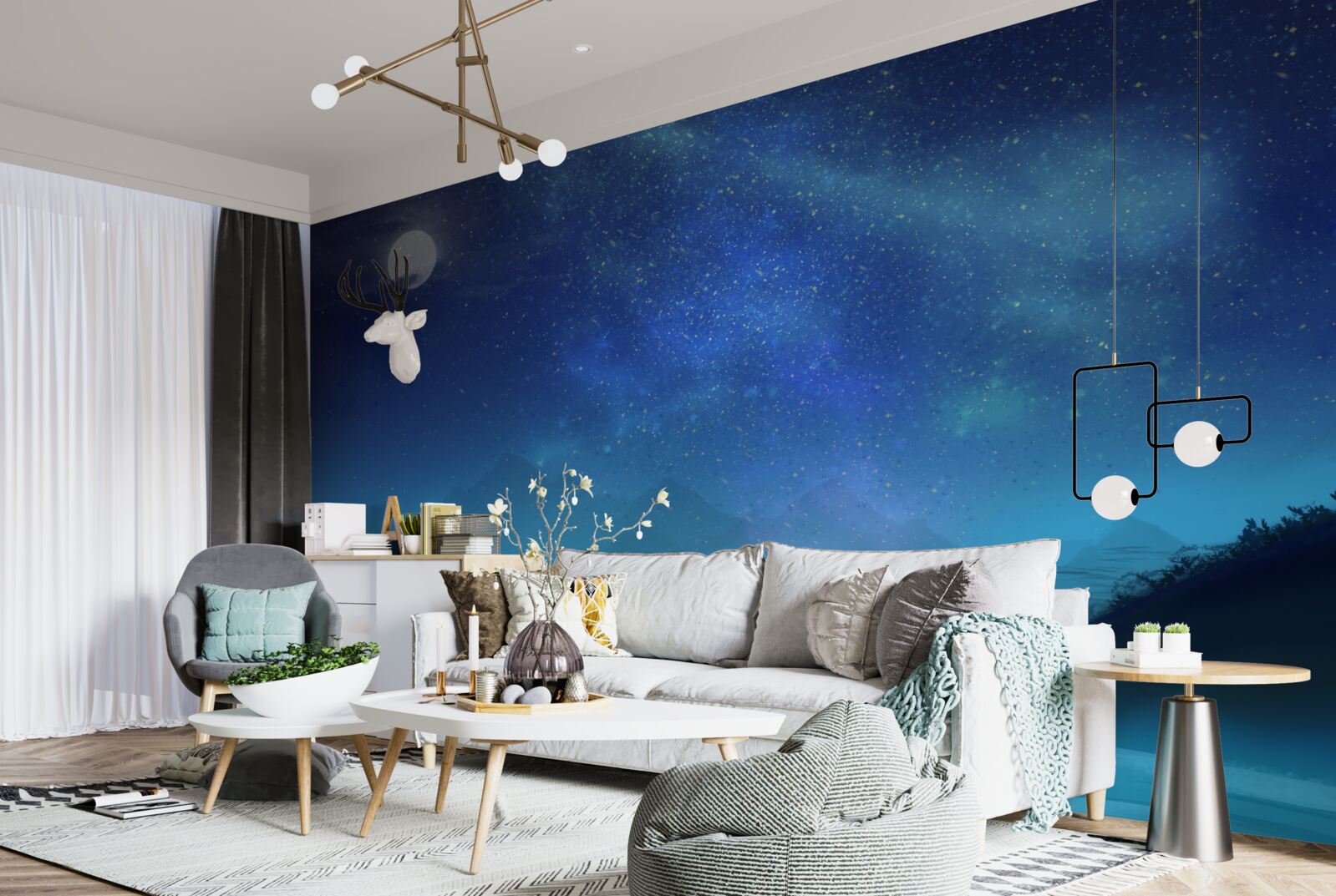 Papier peint Aurores boréales et ciel étoilé au-dessus des sommets montagneux