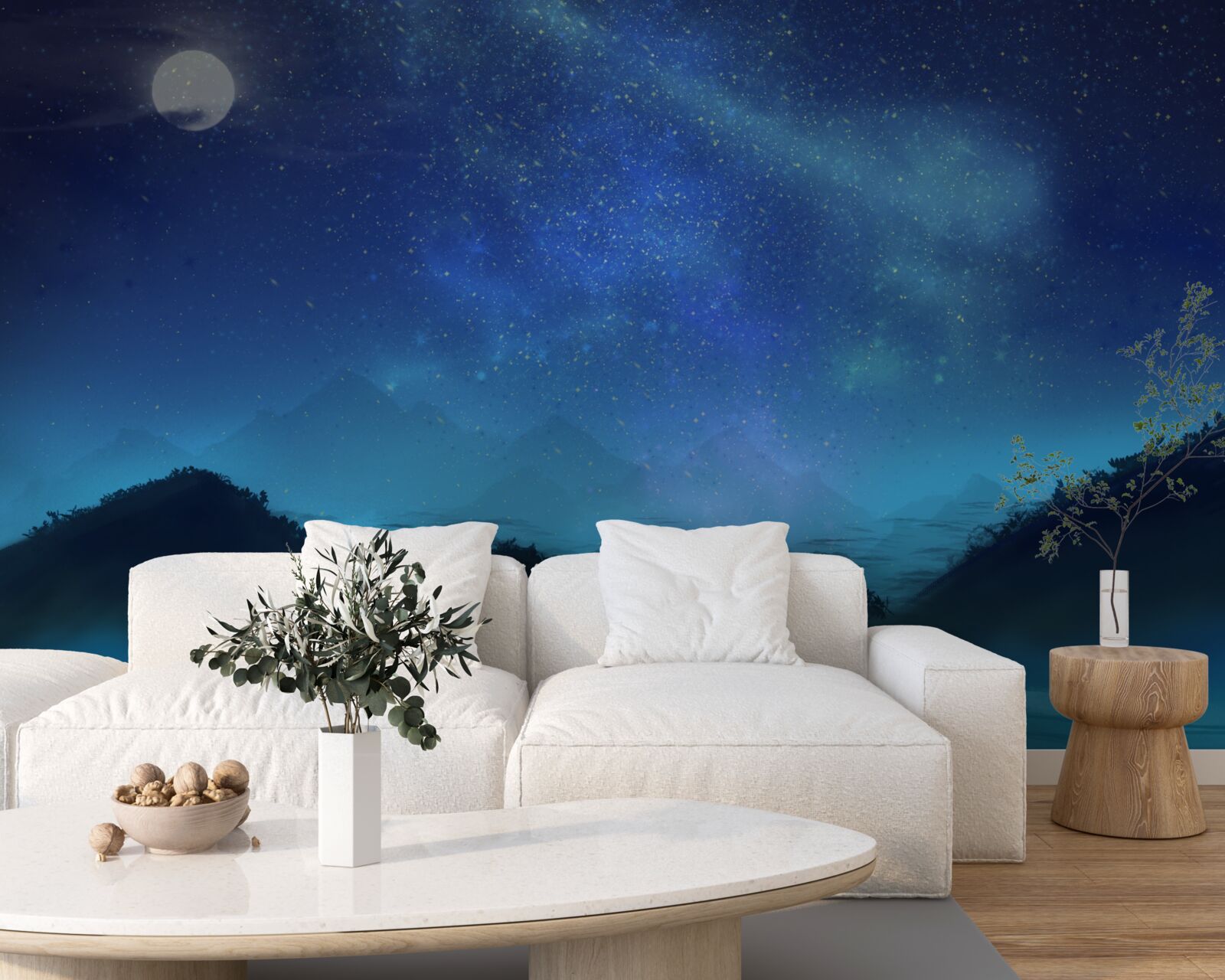 Papier peint Aurores boréales et ciel étoilé au-dessus des sommets montagneux