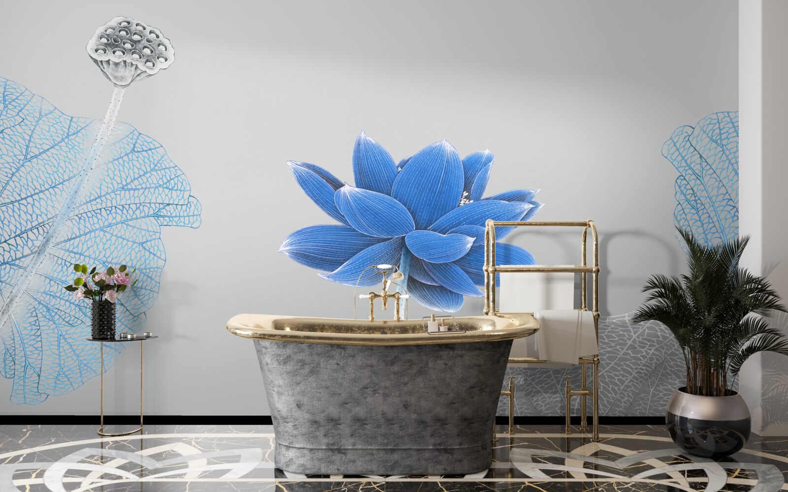 Papier peint fleur de verre bleue