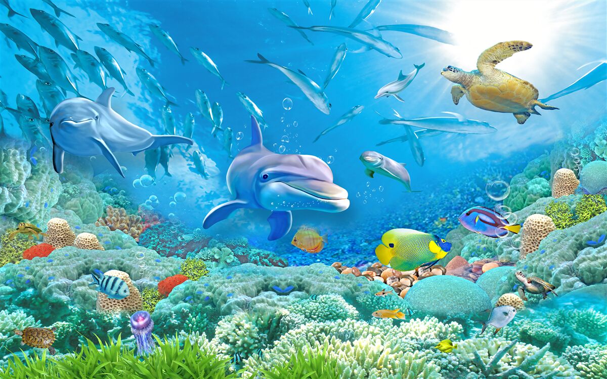 Papier peint un royaume marin avec des poissons, des tortues et des dauphins