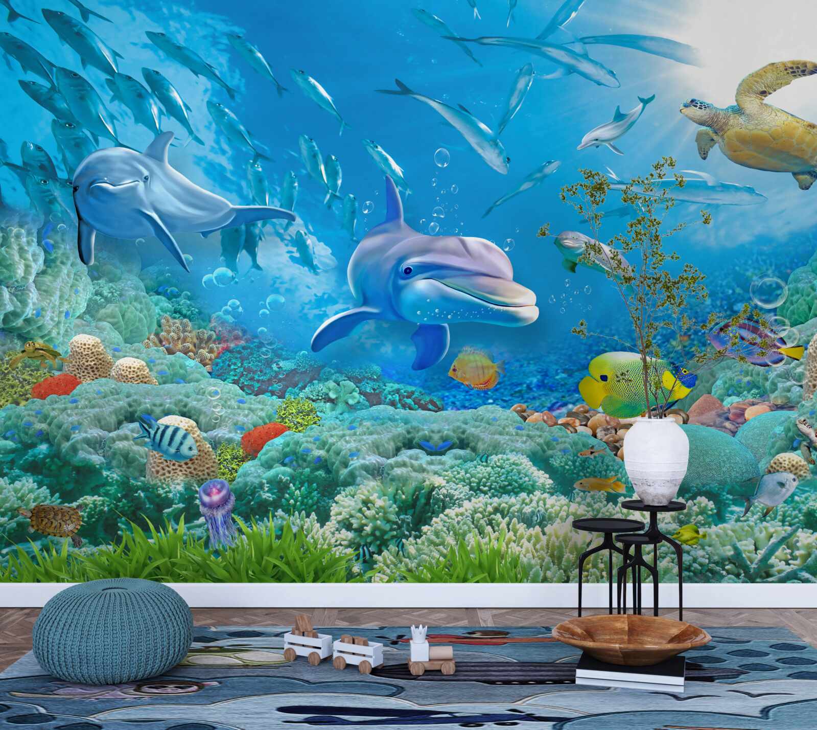 Papier peint un royaume marin avec des poissons, des tortues et des dauphins