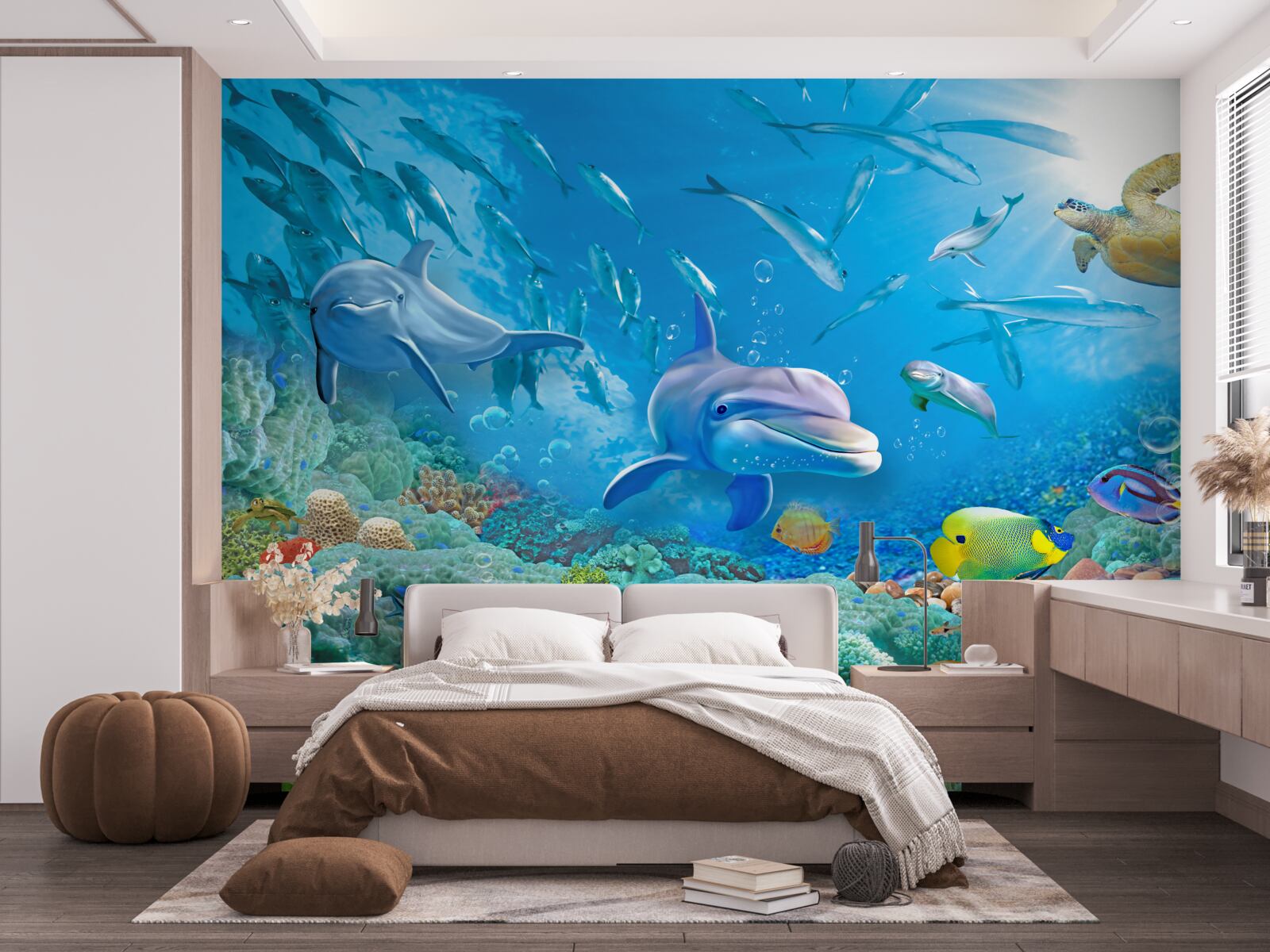 Papier peint un royaume marin avec des poissons, des tortues et des dauphins