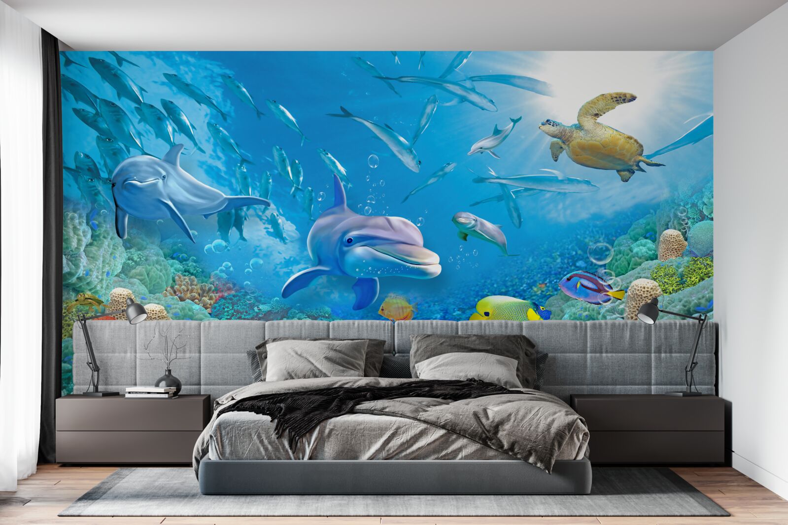 Papier peint un royaume marin avec des poissons, des tortues et des dauphins