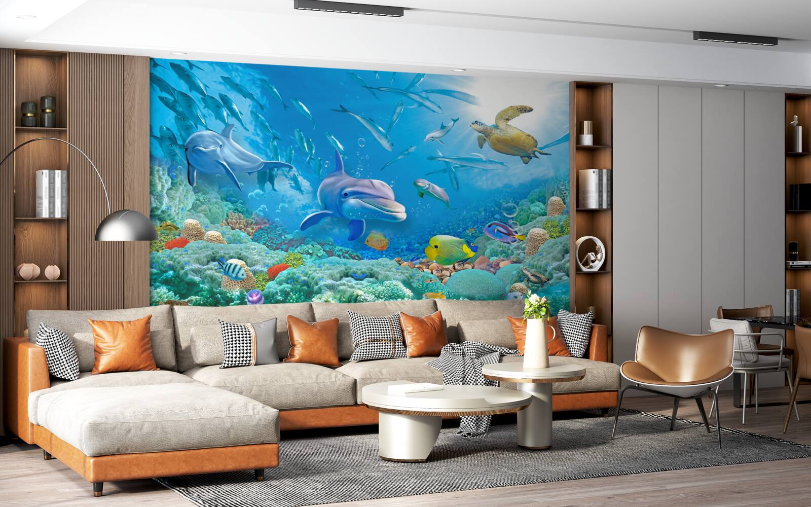 Papier peint un royaume marin avec des poissons, des tortues et des dauphins