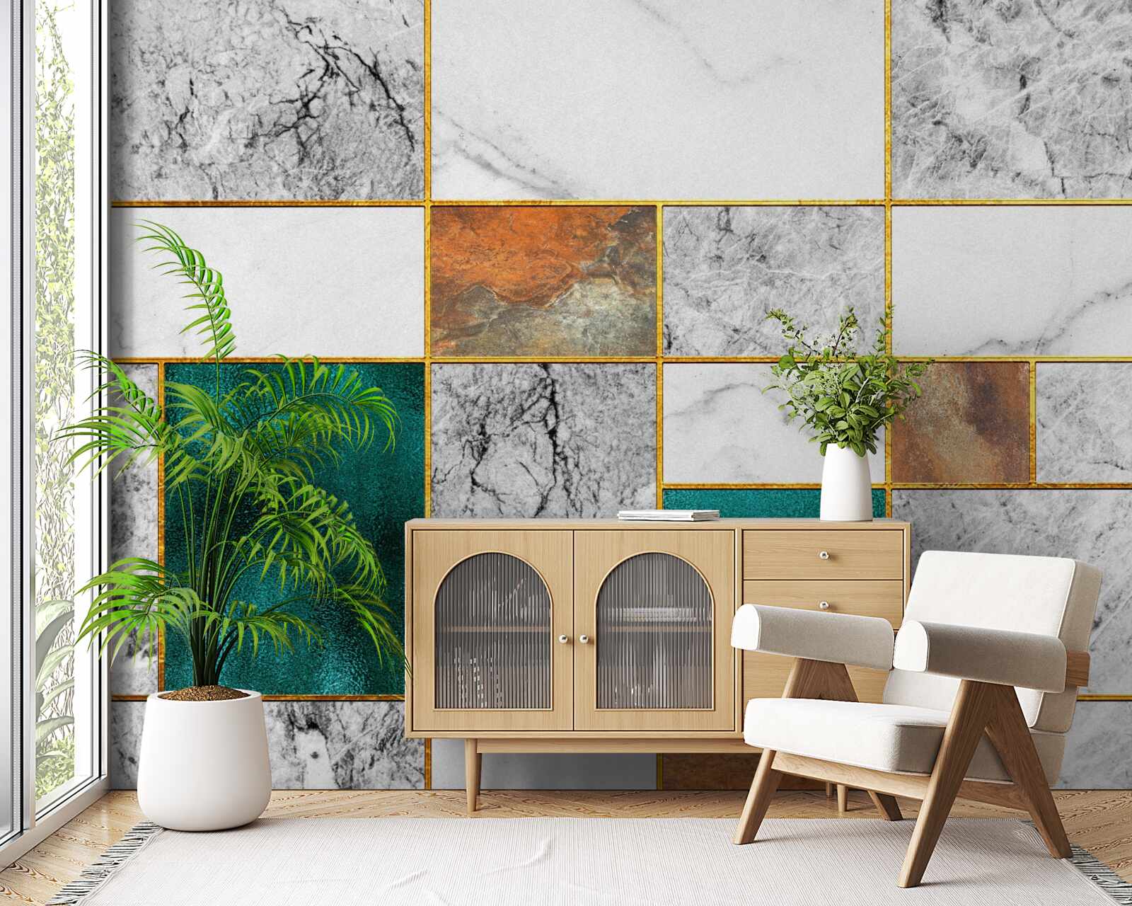 Papier peint L'émeraude rencontre la mosaïque grise