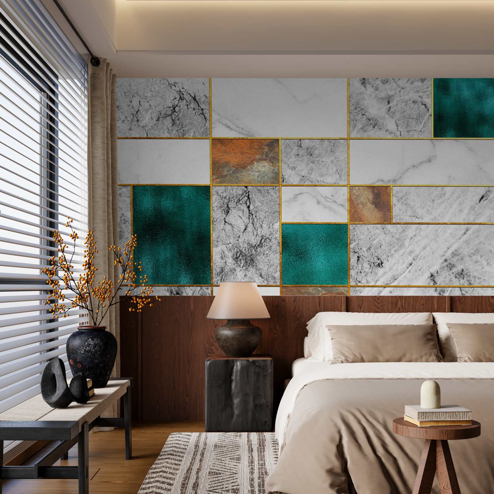 Papier peint L'émeraude rencontre la mosaïque grise