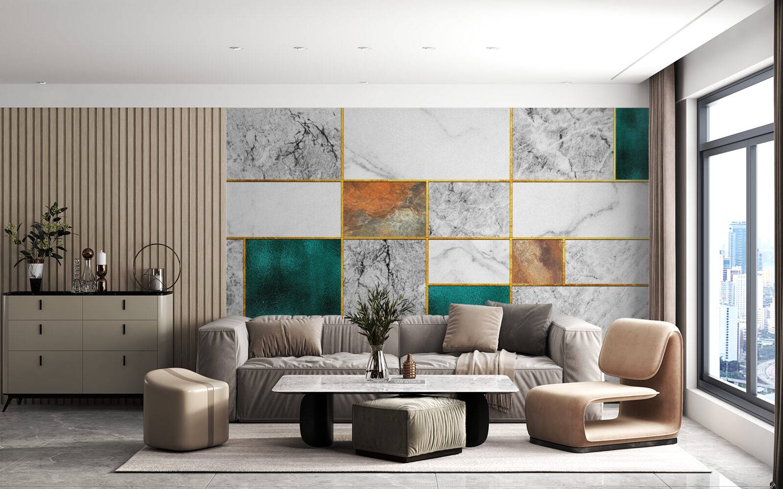 Papier peint L'émeraude rencontre la mosaïque grise