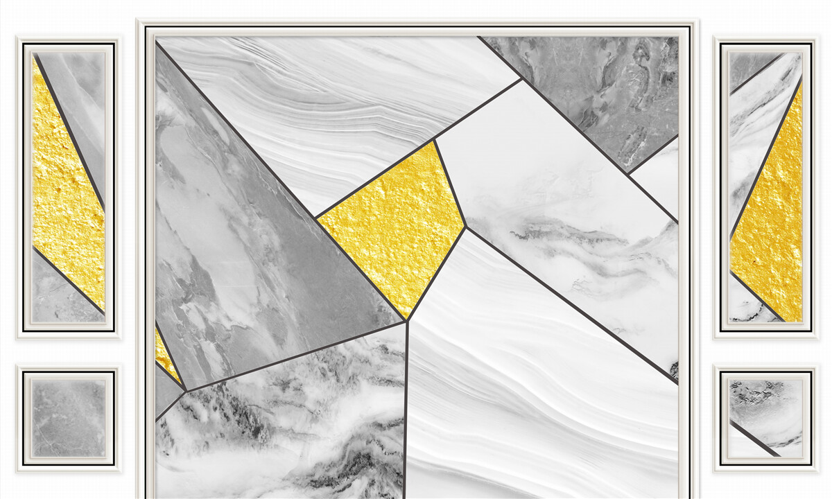 Papier peint mosaïque grise avec éléments dorés