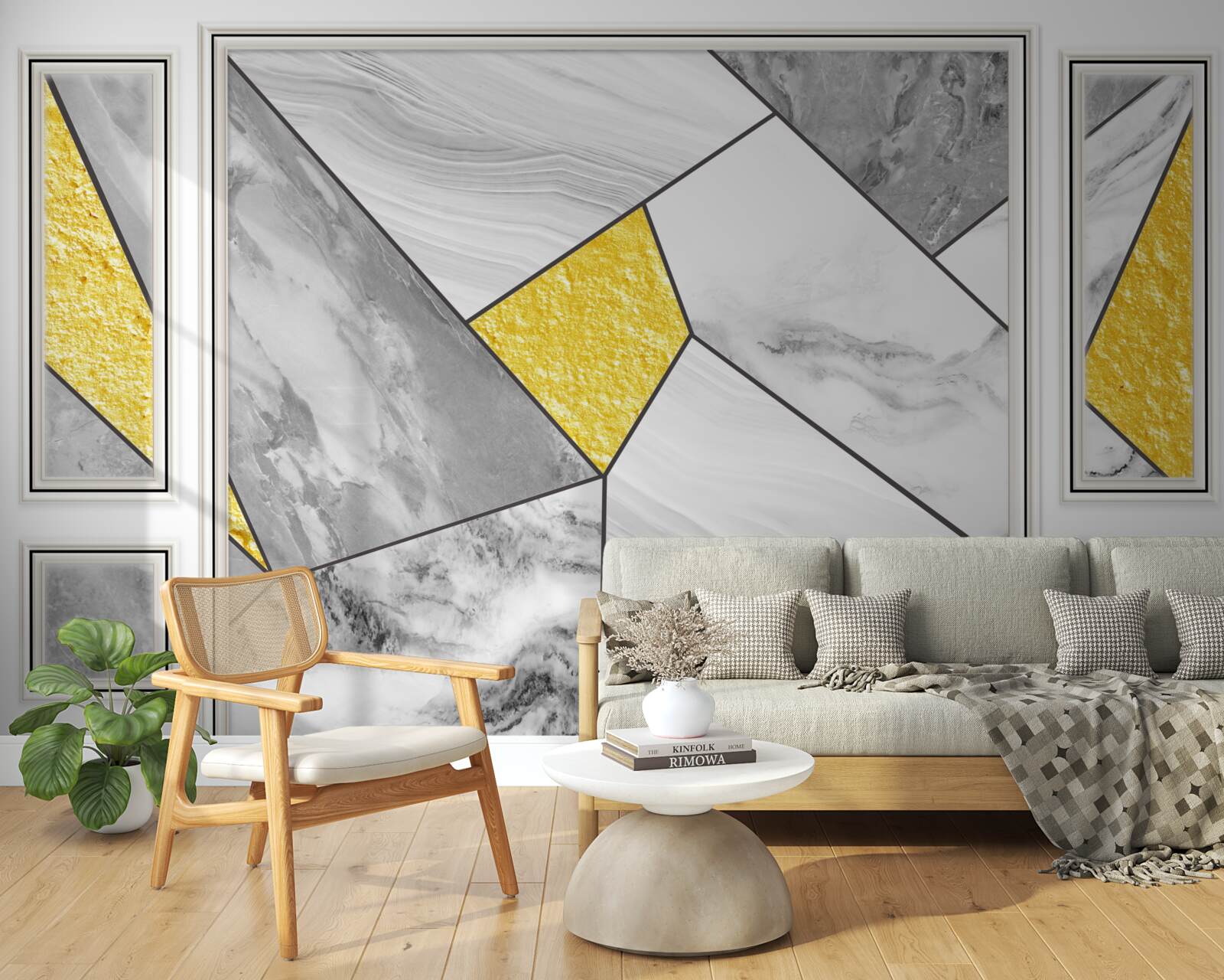 Papier peint mosaïque grise avec éléments dorés