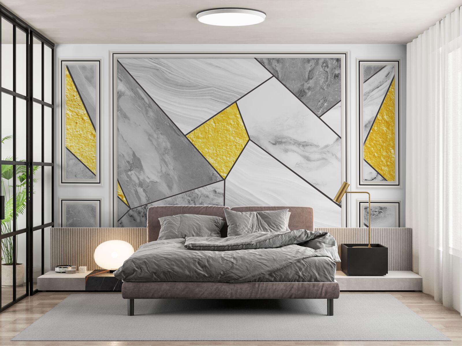 Papier peint mosaïque grise avec éléments dorés