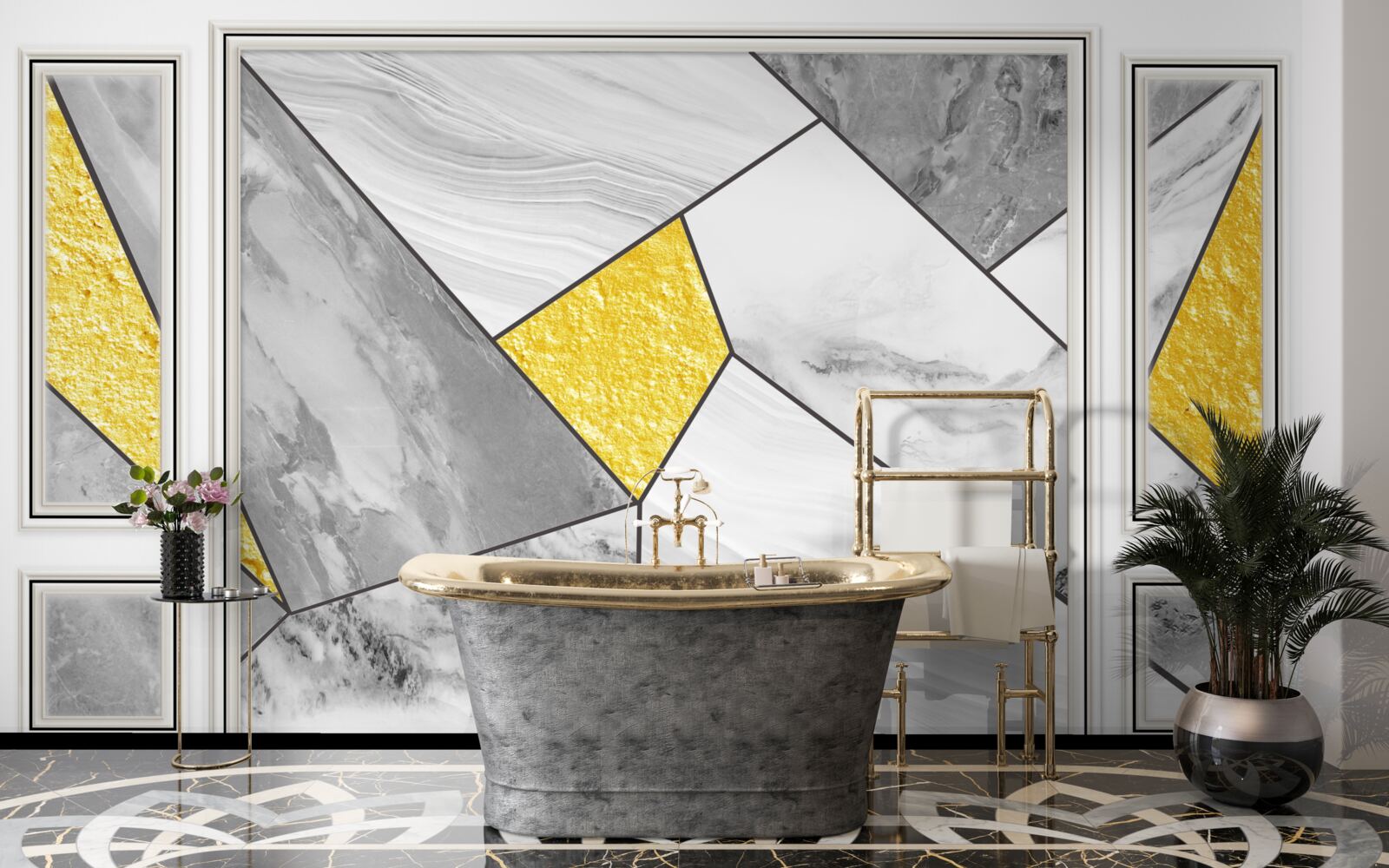 Papier peint mosaïque grise avec éléments dorés