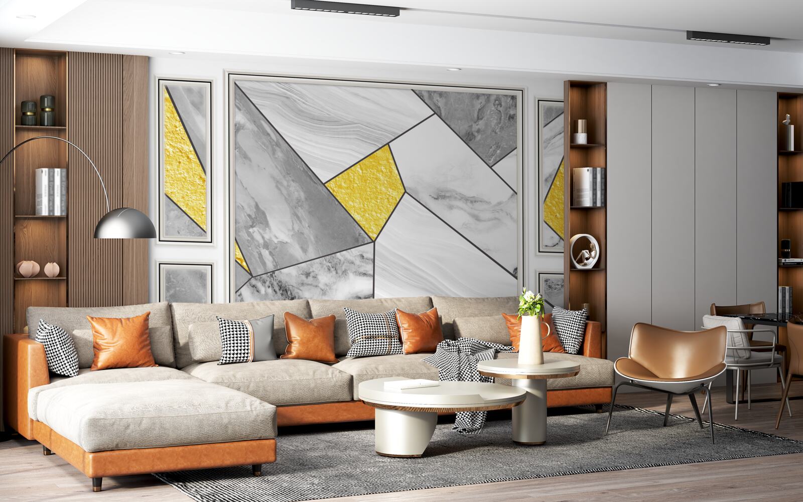 Papier peint mosaïque grise avec éléments dorés