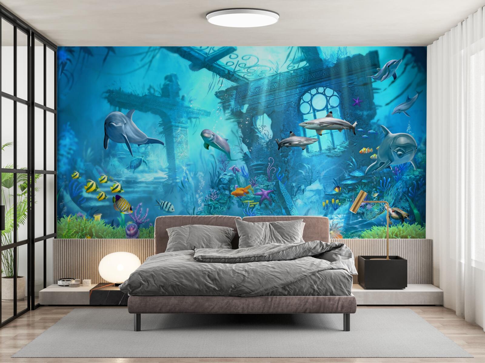 Papier peint dauphins au fond de la mer