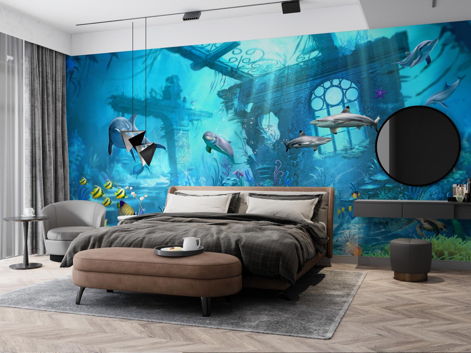 Papier peint dauphins au fond de la mer