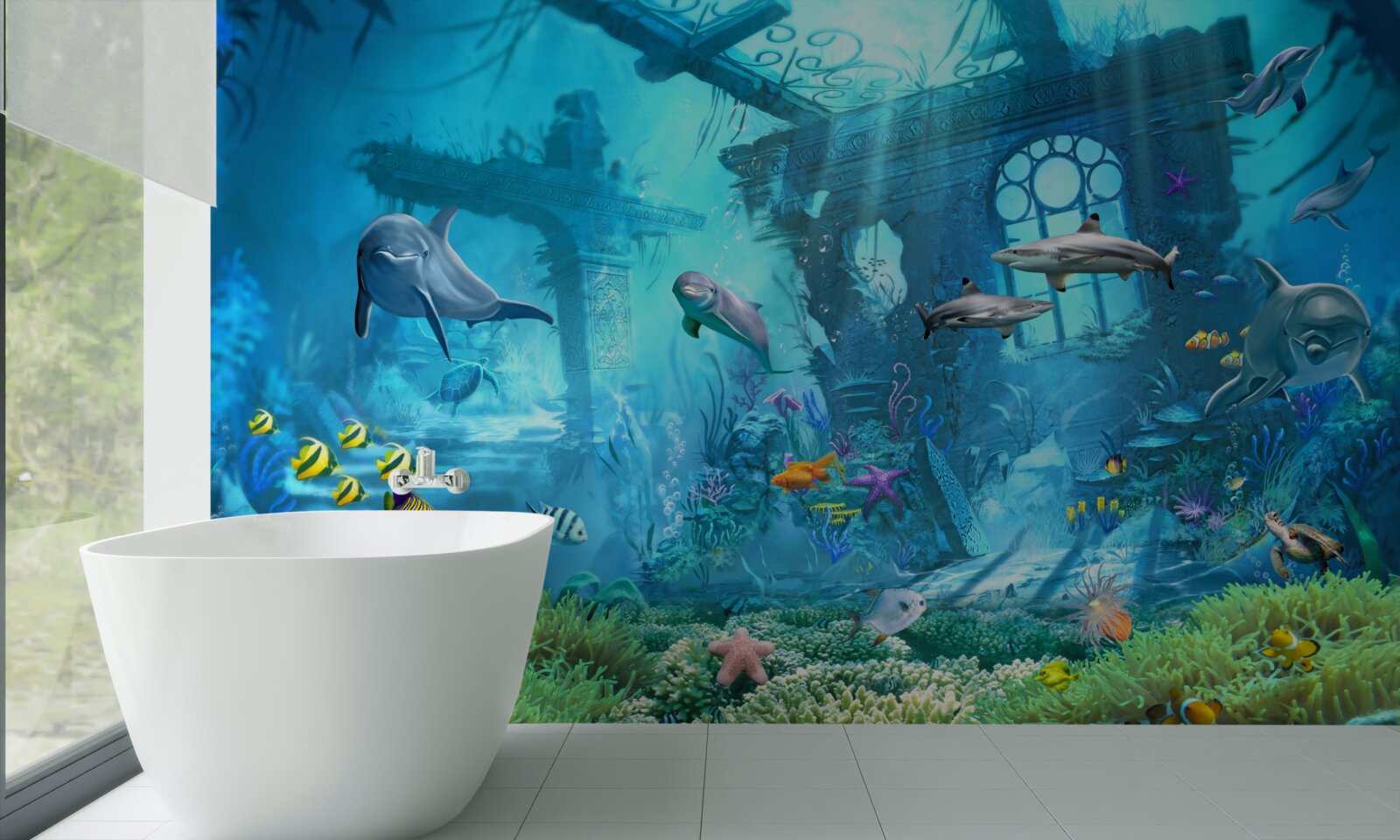 Papier peint dauphins au fond de la mer