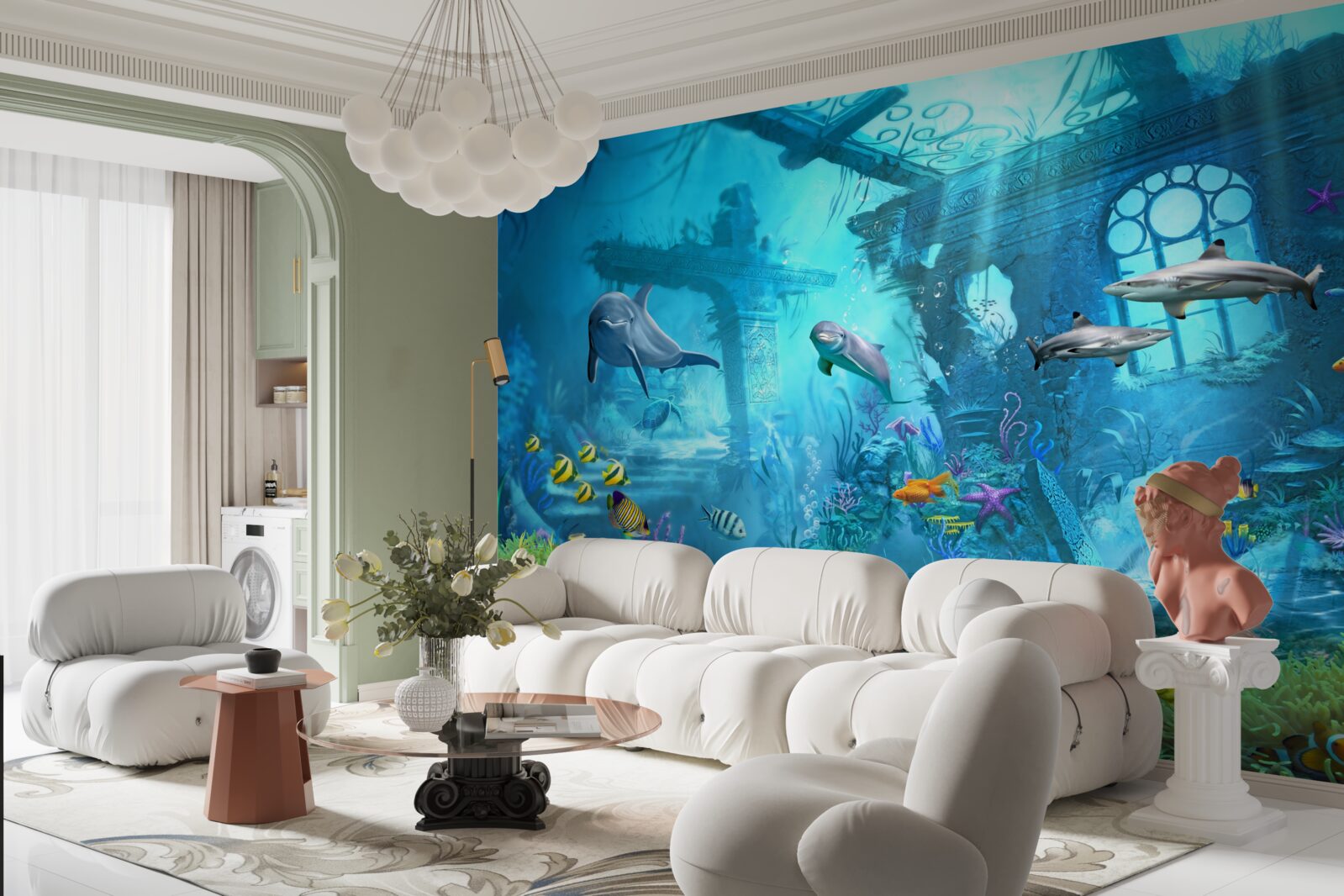 Papier peint dauphins au fond de la mer