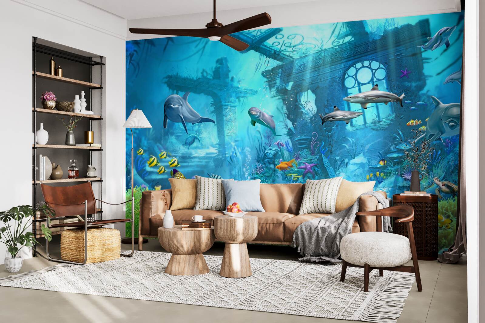 Papier peint dauphins au fond de la mer