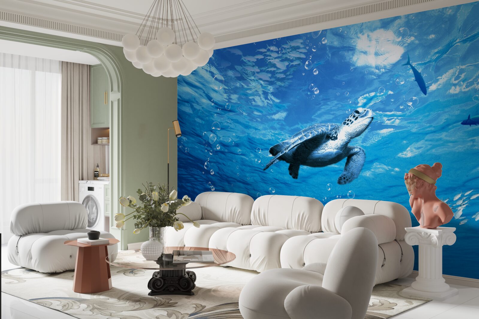 Papier peint la mer bleue est décorée d'une tortue de mer