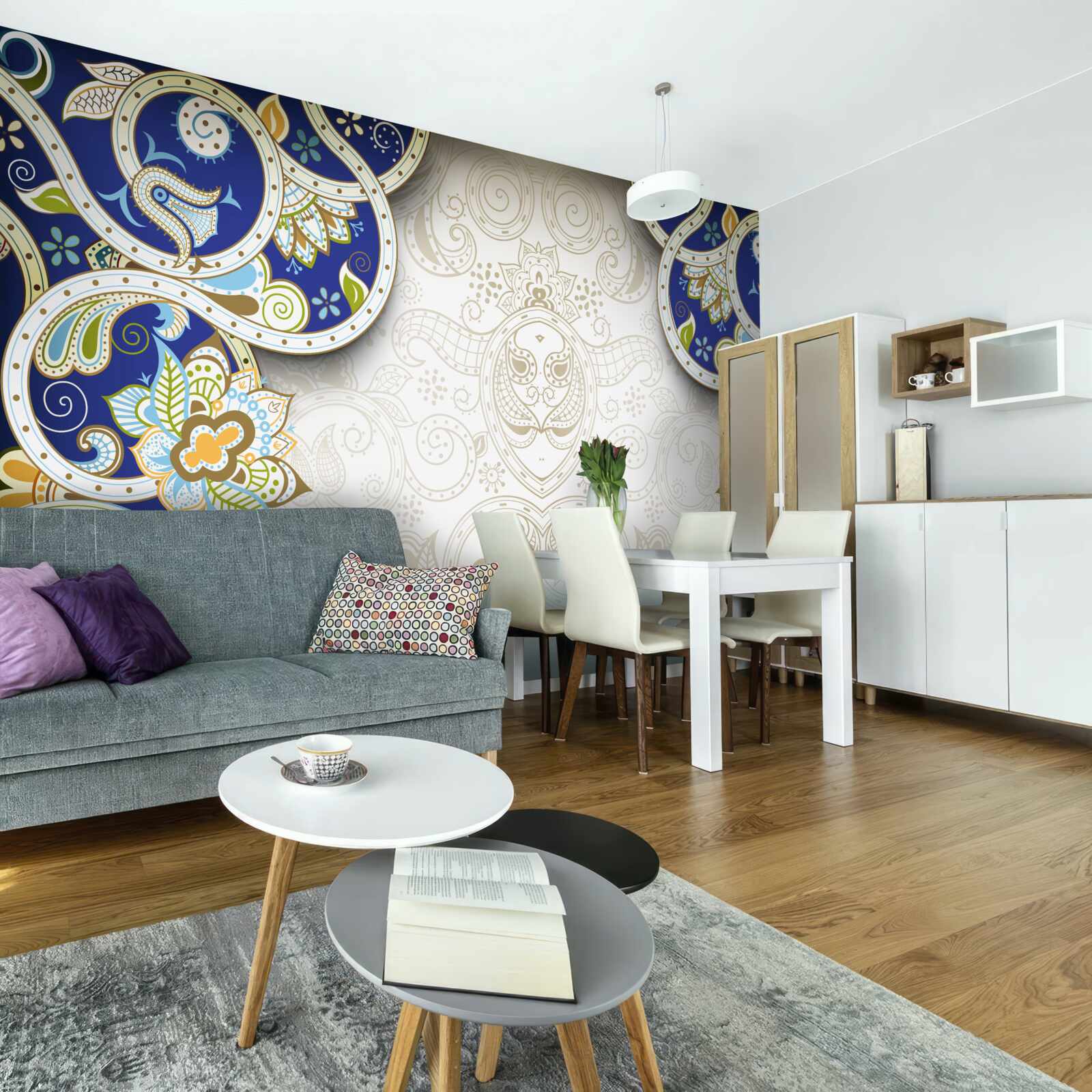 Papier peint décoration de style oriental en couleurs bleues