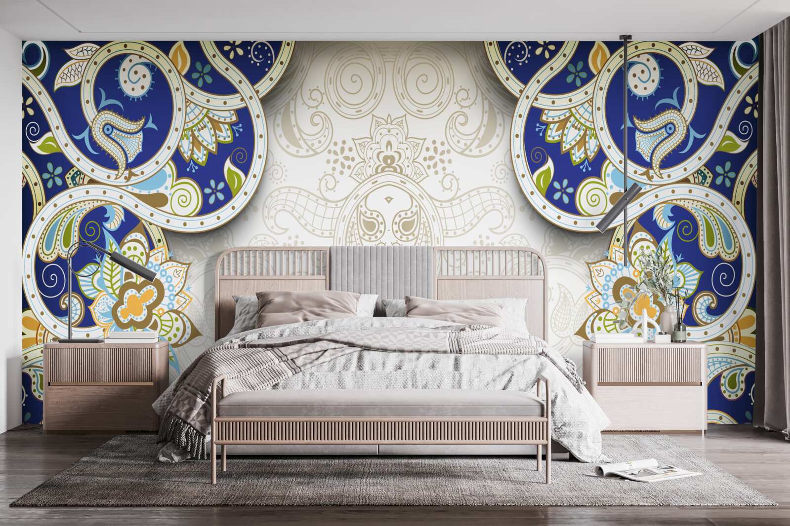 Papier peint décoration de style oriental en couleurs bleues