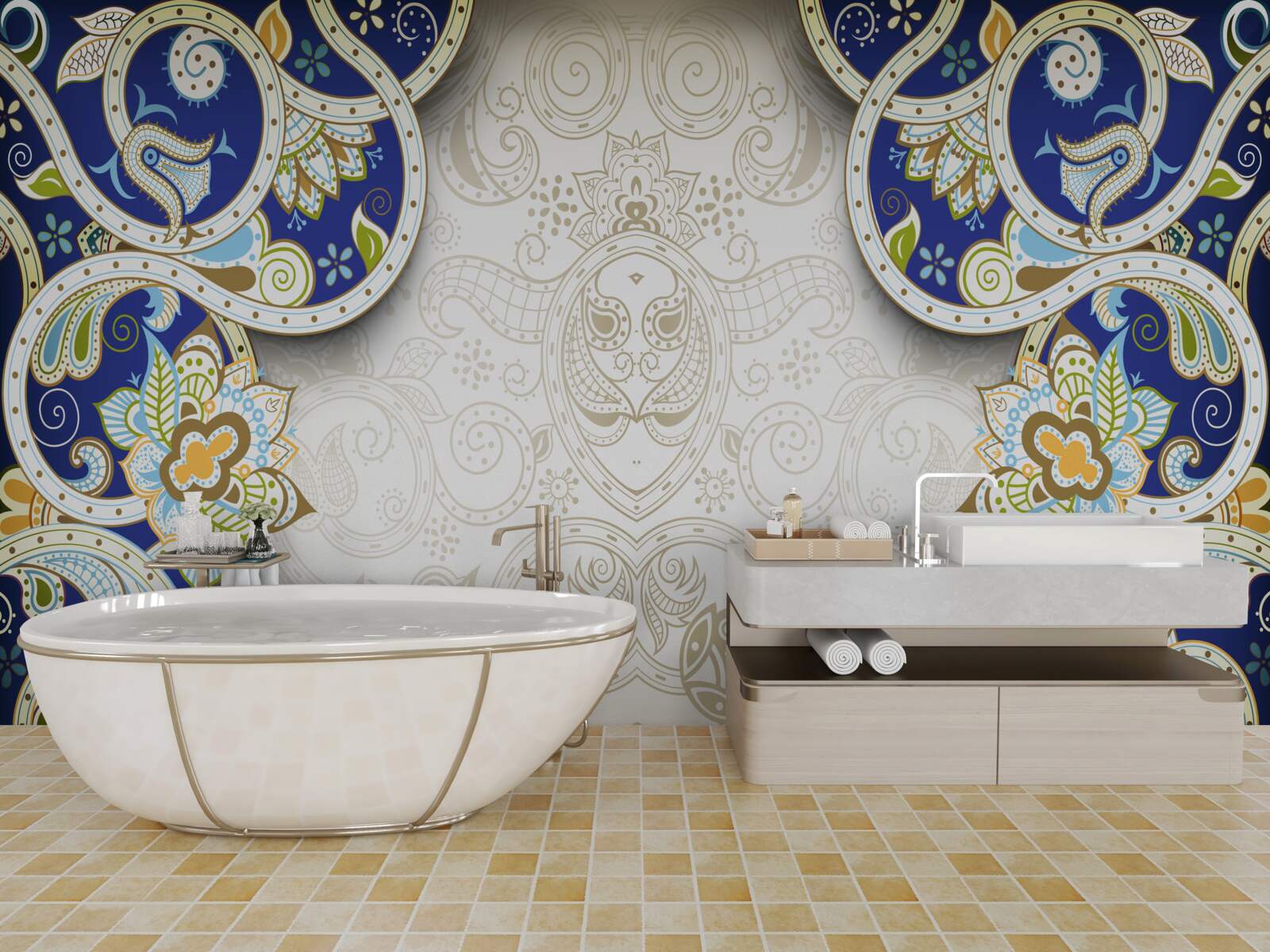 Papier peint décoration de style oriental en couleurs bleues