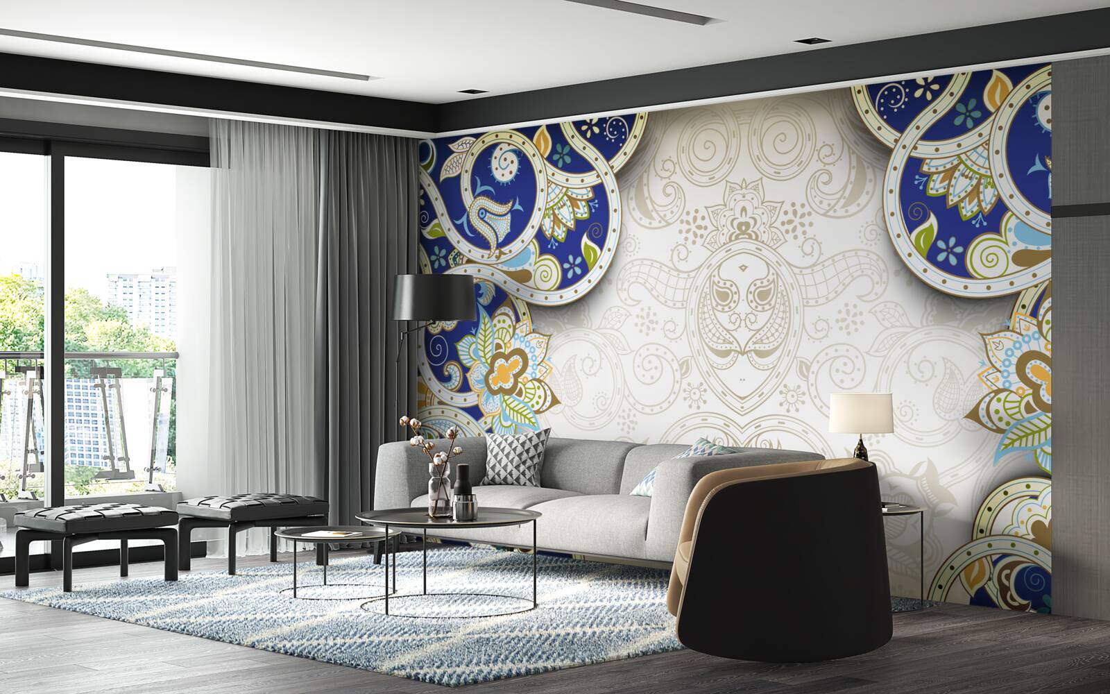 Papier peint décoration de style oriental en couleurs bleues