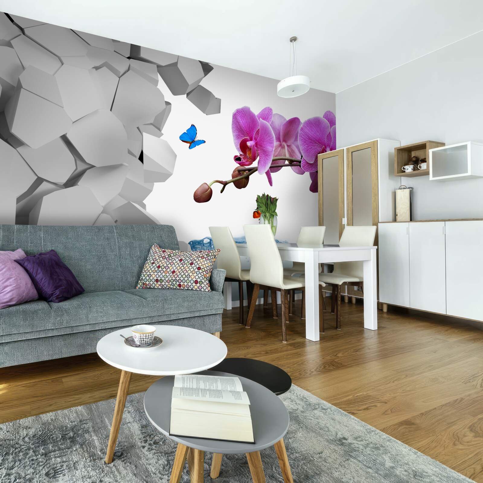 Papier peint orchidée violette et papillons sur une branche