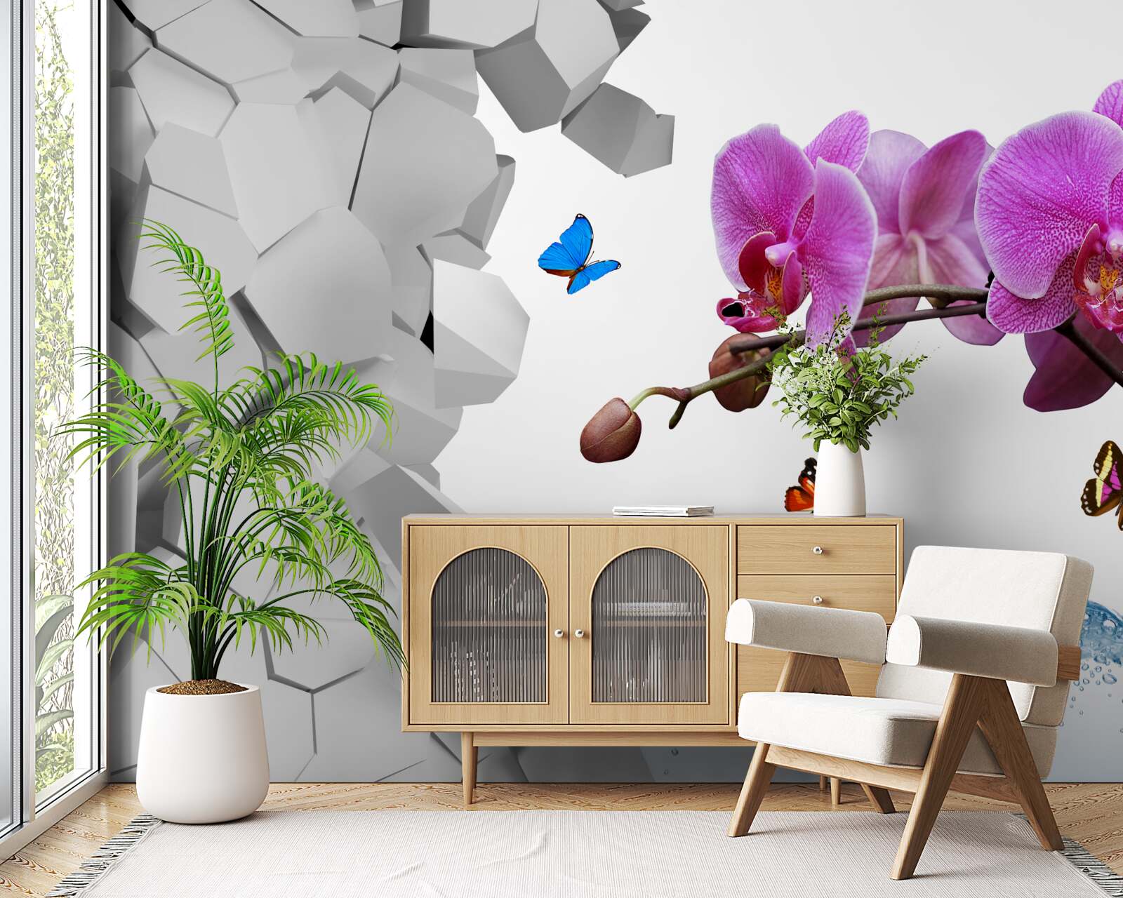 Papier peint orchidée violette et papillons sur une branche