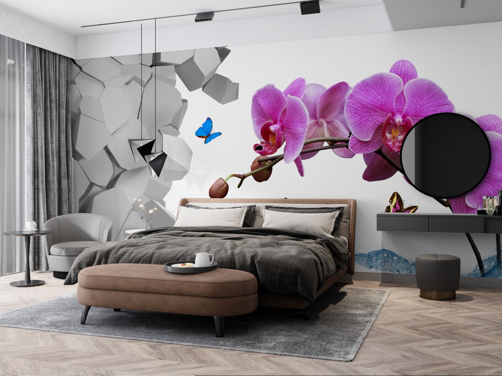 Papier peint orchidée violette et papillons sur une branche