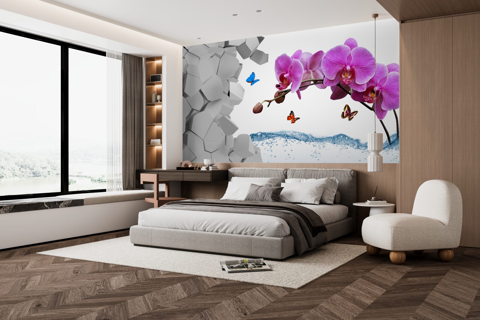 Papier peint orchidée violette et papillons sur une branche