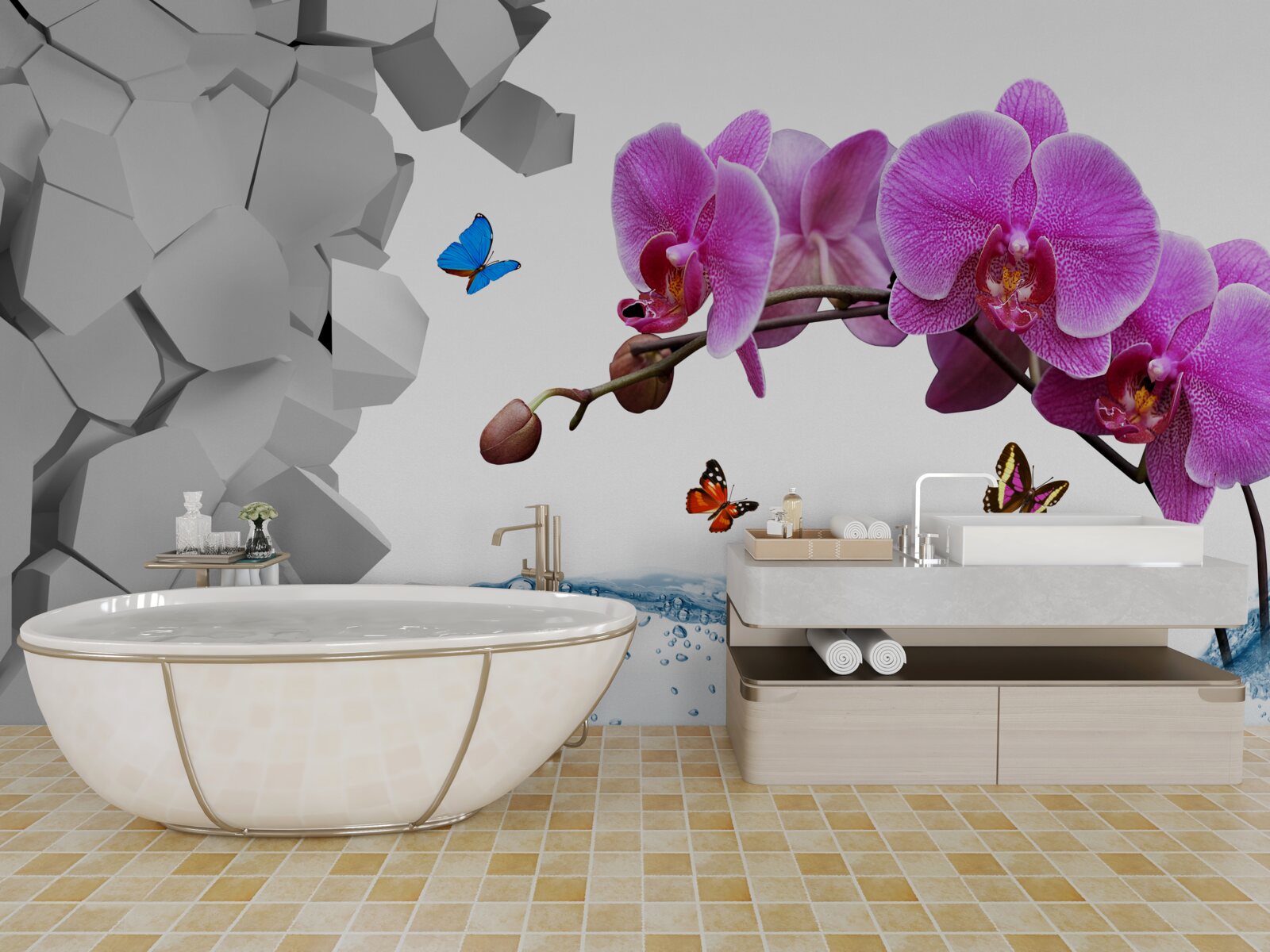 Papier peint orchidée violette et papillons sur une branche