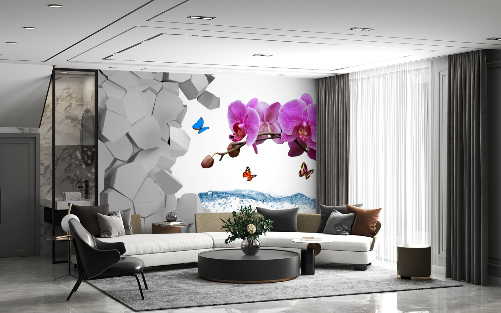 Papier peint orchidée violette et papillons sur une branche