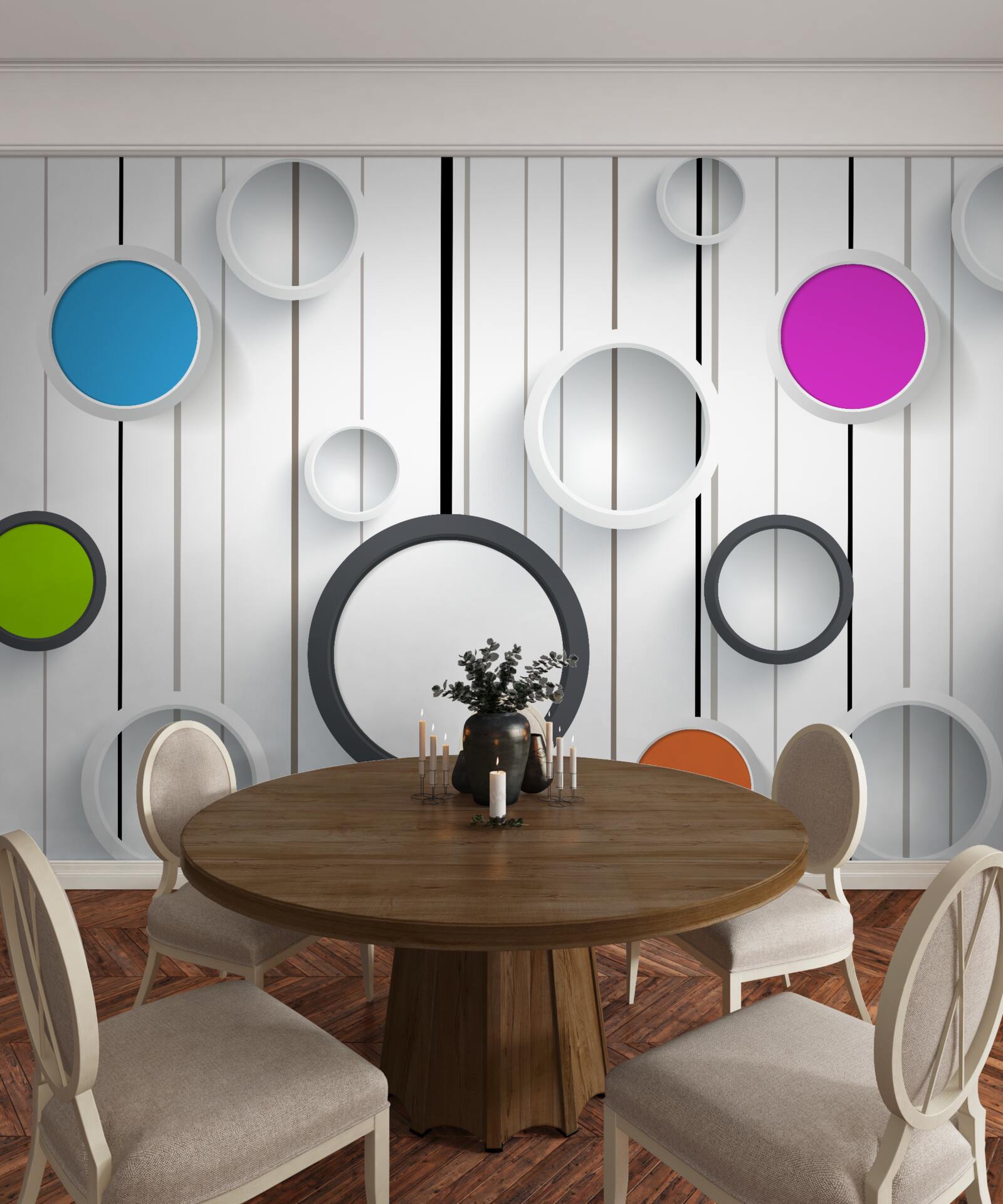 Papier peint cercles multicolores sur un parquet clair