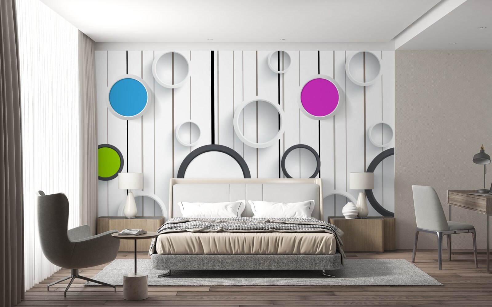 Papier peint cercles multicolores sur un parquet clair