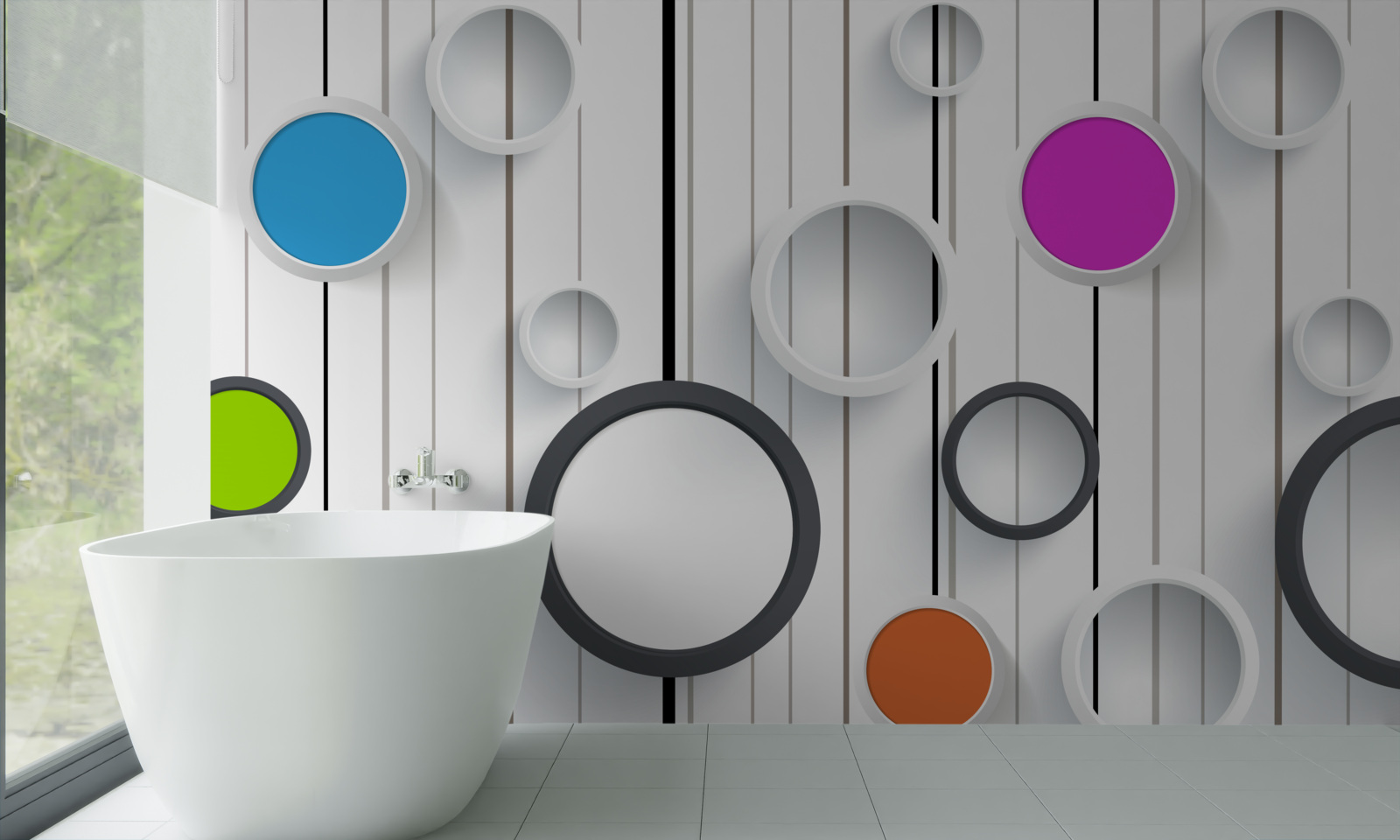 Papier peint cercles multicolores sur un parquet clair