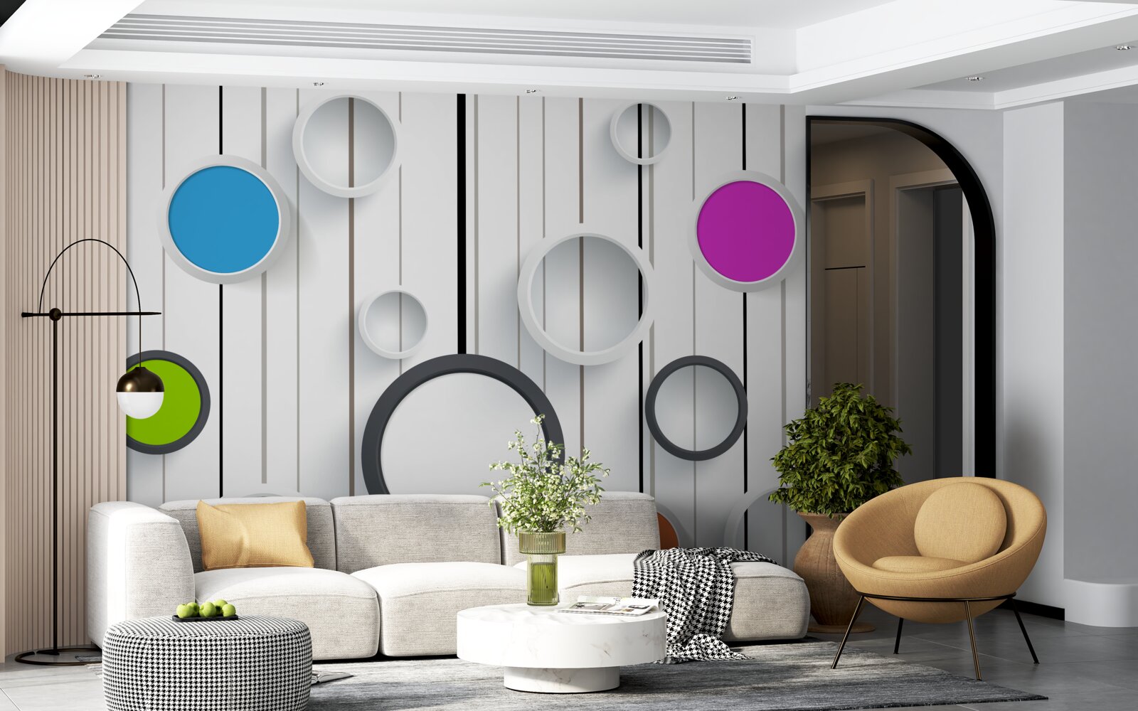 Papier peint cercles multicolores sur un parquet clair