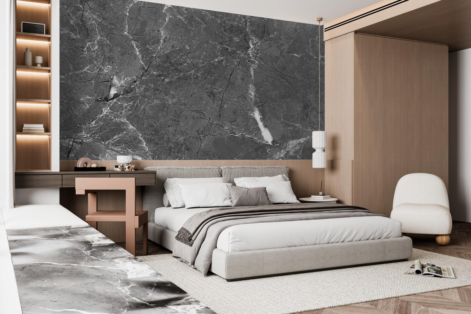 Papier peint courbes blanches sur marbre gris