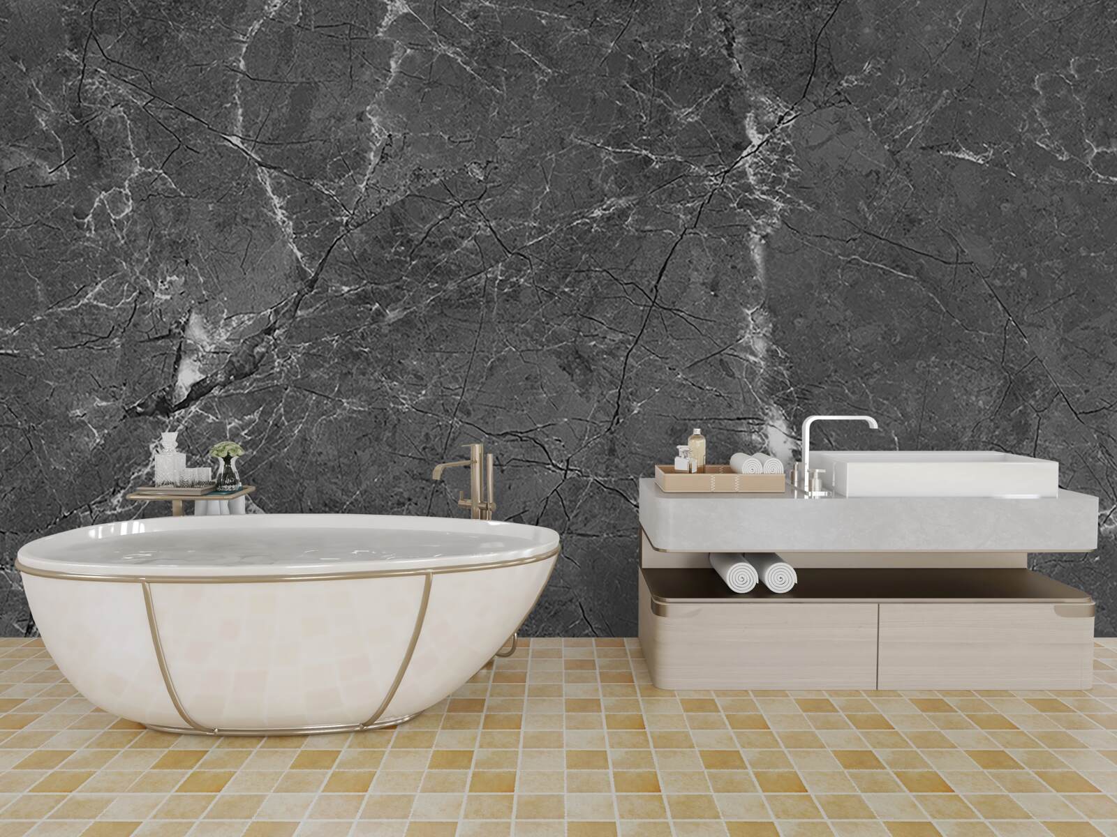 Papier peint courbes blanches sur marbre gris