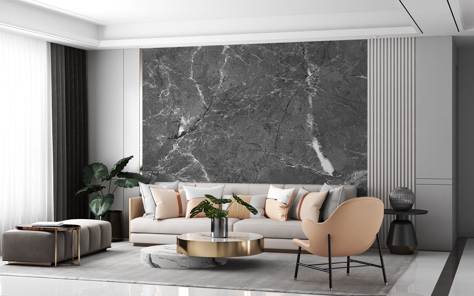 Papier peint courbes blanches sur marbre gris