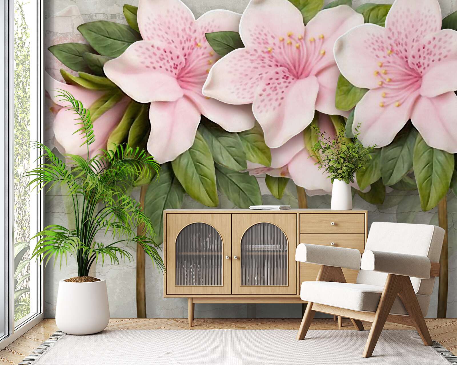 Papier peint lys rose tendre