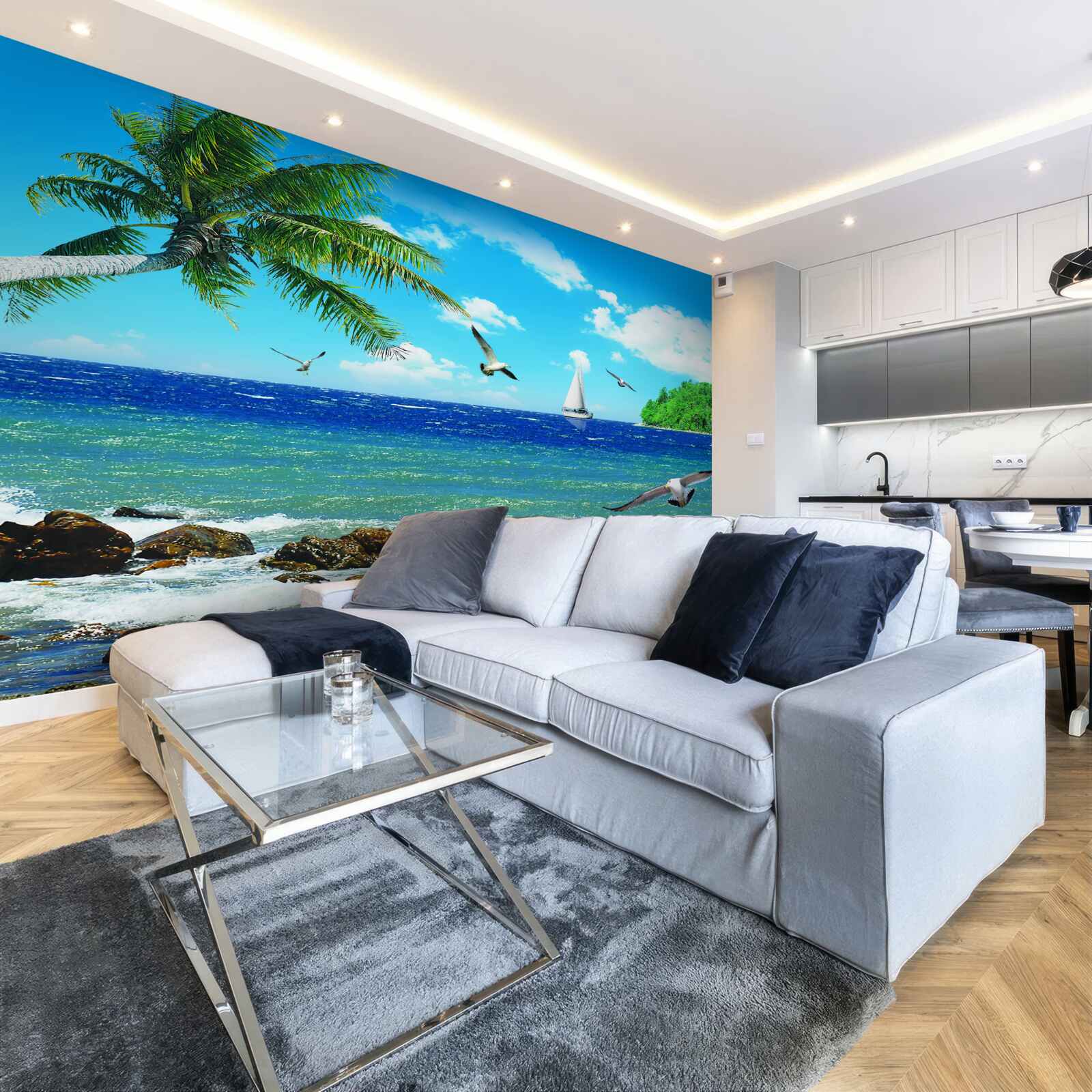 Papier peint mer agitée et oiseaux de mer